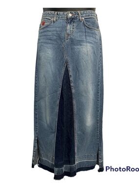 Y2K 90S RARE BONGO DENIM PATCHWORK BOHO FESTIVAL RAW HEM VINTAGE MAXI SKIRT Sz9